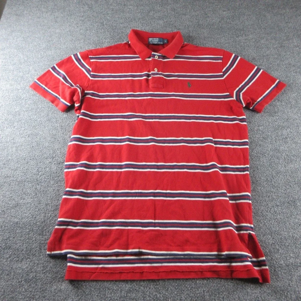 Polo Ralph Lauren Shirt Mens L Red Striped Button Up Short Sleeve Pony Preppy